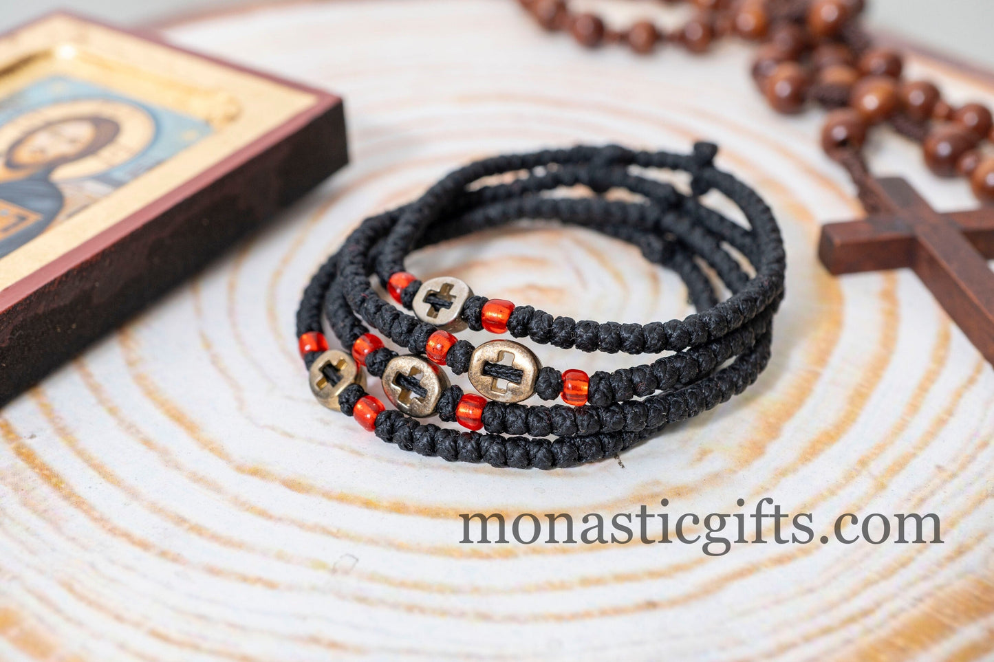 Authentic Komboskini in Black Color with encraved cross in metal element 1Pcs - Greek Orthodox Prayer Bracelet, Spiritual Prayer Rope.