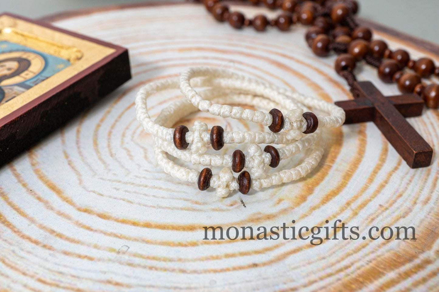 Authentic Komboskini White Color 1Pcs with wooden beads - Greek Prayer Bracelet, Spiritual Prayer Rope -Thread waxed thin with beads