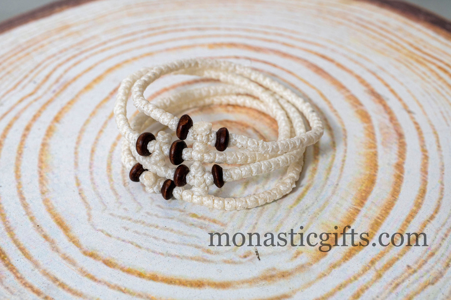 Authentic Komboskini White Color 1Pcs with wooden beads - Greek Prayer Bracelet, Spiritual Prayer Rope -Thread waxed thin with beads