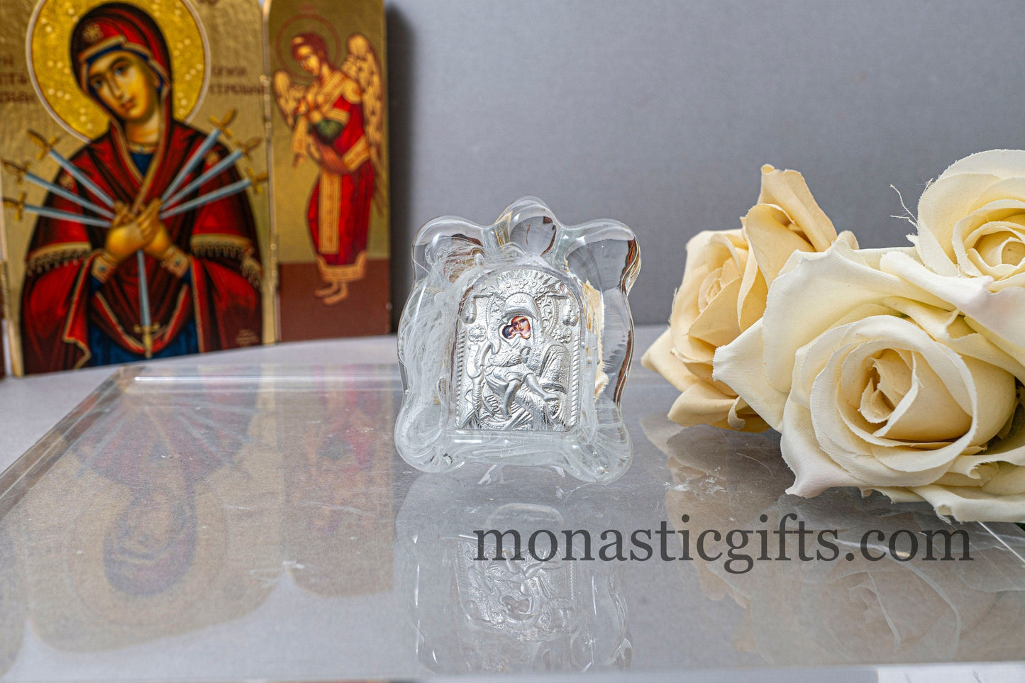 Small Glass-Framed Metal Icon of Christ or the Virgin Mary – A Beautiful Christian Gift ,Home Religius decor.