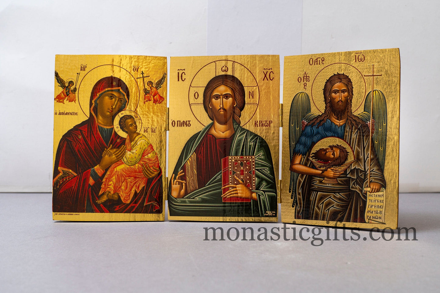 Triptych wooden Icon With Virin Mary ( Amolintos ) Jesus Christ and Saint John ,Byzantine Icon A perfect Gift.