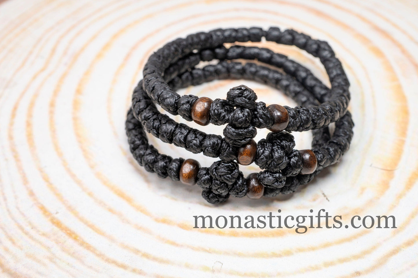 Thick waxed Komboskini 33 knots (the original) -Prayer Rope - Black thick waxed knots with wooden beads - Orthodox Gift - Chotk