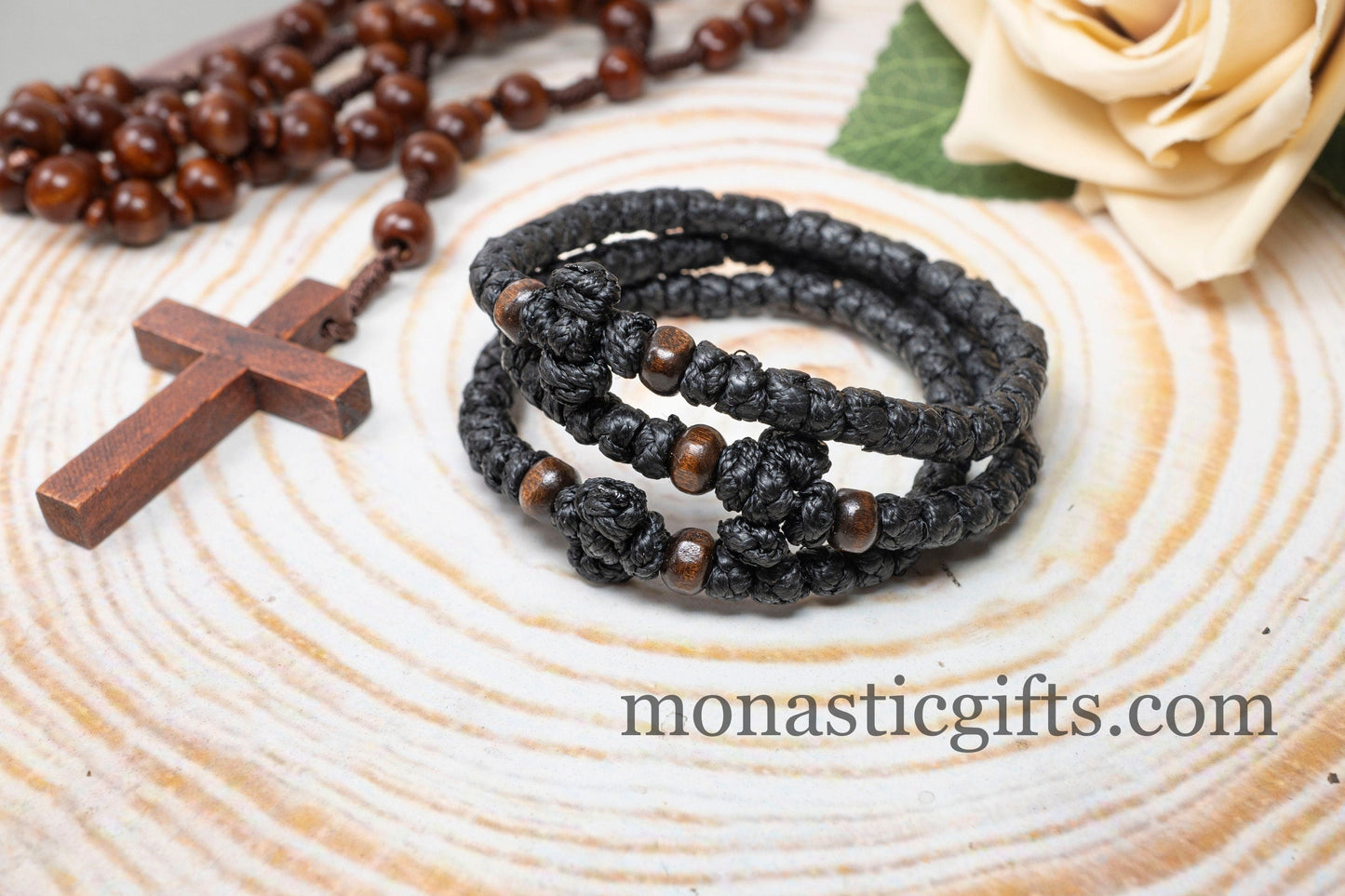 Thick waxed Komboskini 33 knots (the original) -Prayer Rope - Black thick waxed knots with wooden beads - Orthodox Gift - Chotk
