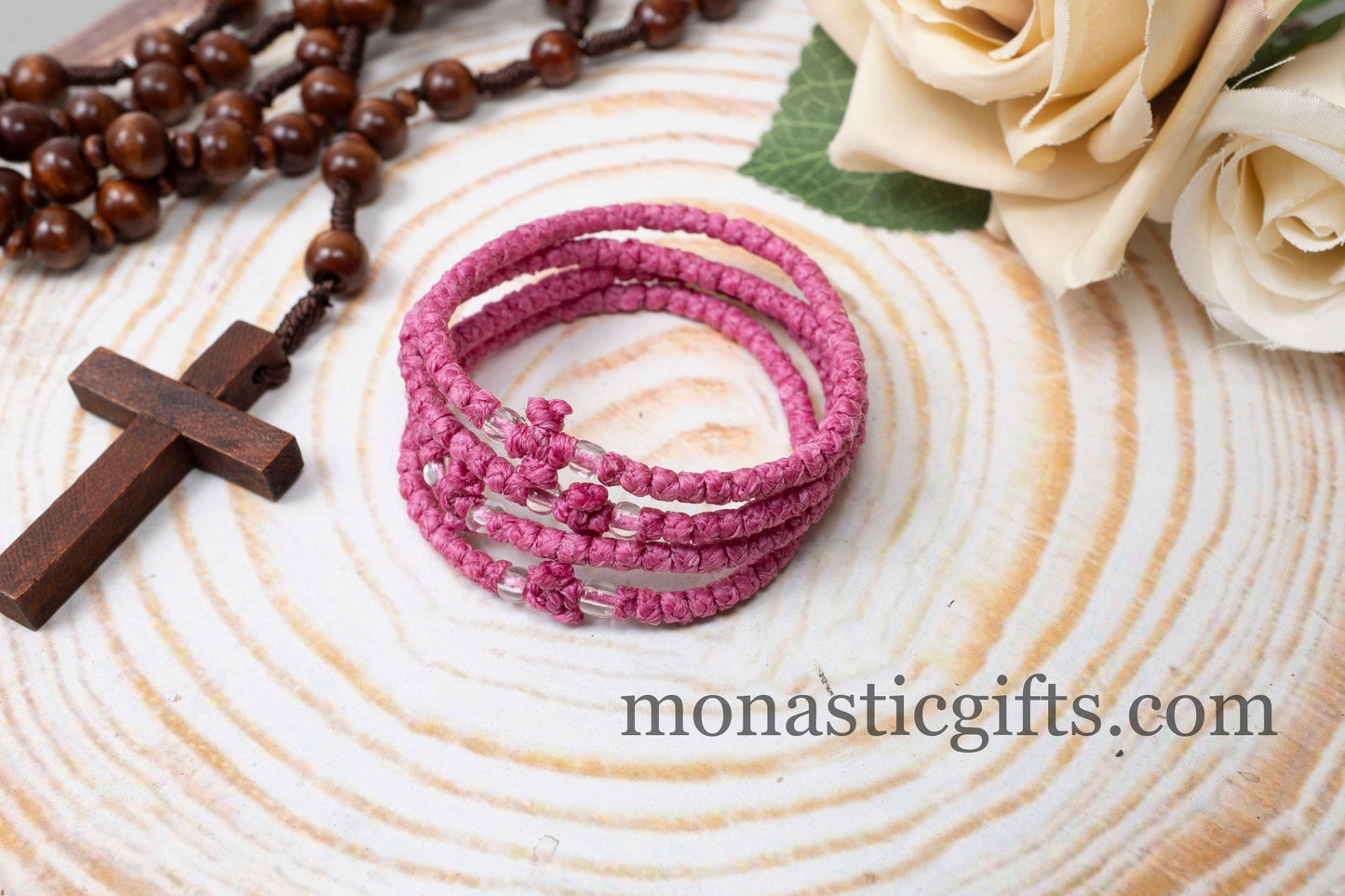 Authentic Komboskini Olive Rose Color 1Pcs -Greek Orthodox Prayer Bracelet, Spiritual Prayer Rope -Thread waxed thin with beads