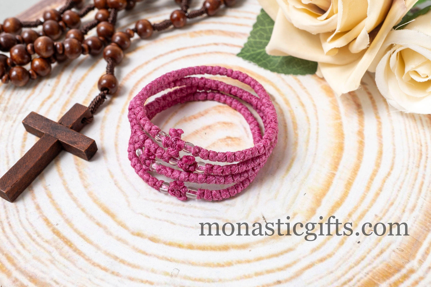 Authentic Komboskini Olive Rose Color 1Pcs -Greek Orthodox Prayer Bracelet, Spiritual Prayer Rope -Thread waxed thin with beads