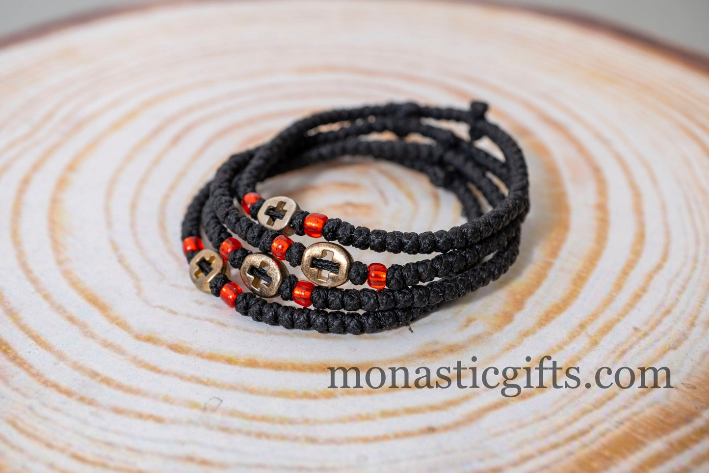 Authentic Komboskini in Black Color with encraved cross in metal element 1Pcs - Greek Orthodox Prayer Bracelet, Spiritual Prayer Rope.