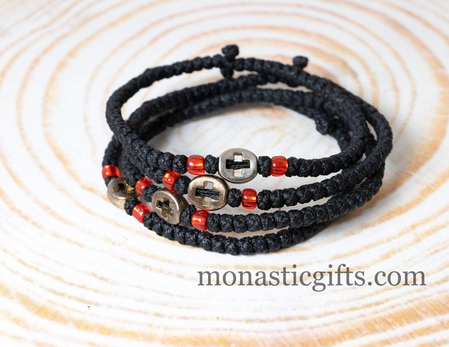 Authentic Komboskini in Black Color with encraved cross in metal element 1Pcs - Greek Orthodox Prayer Bracelet, Spiritual Prayer Rope.
