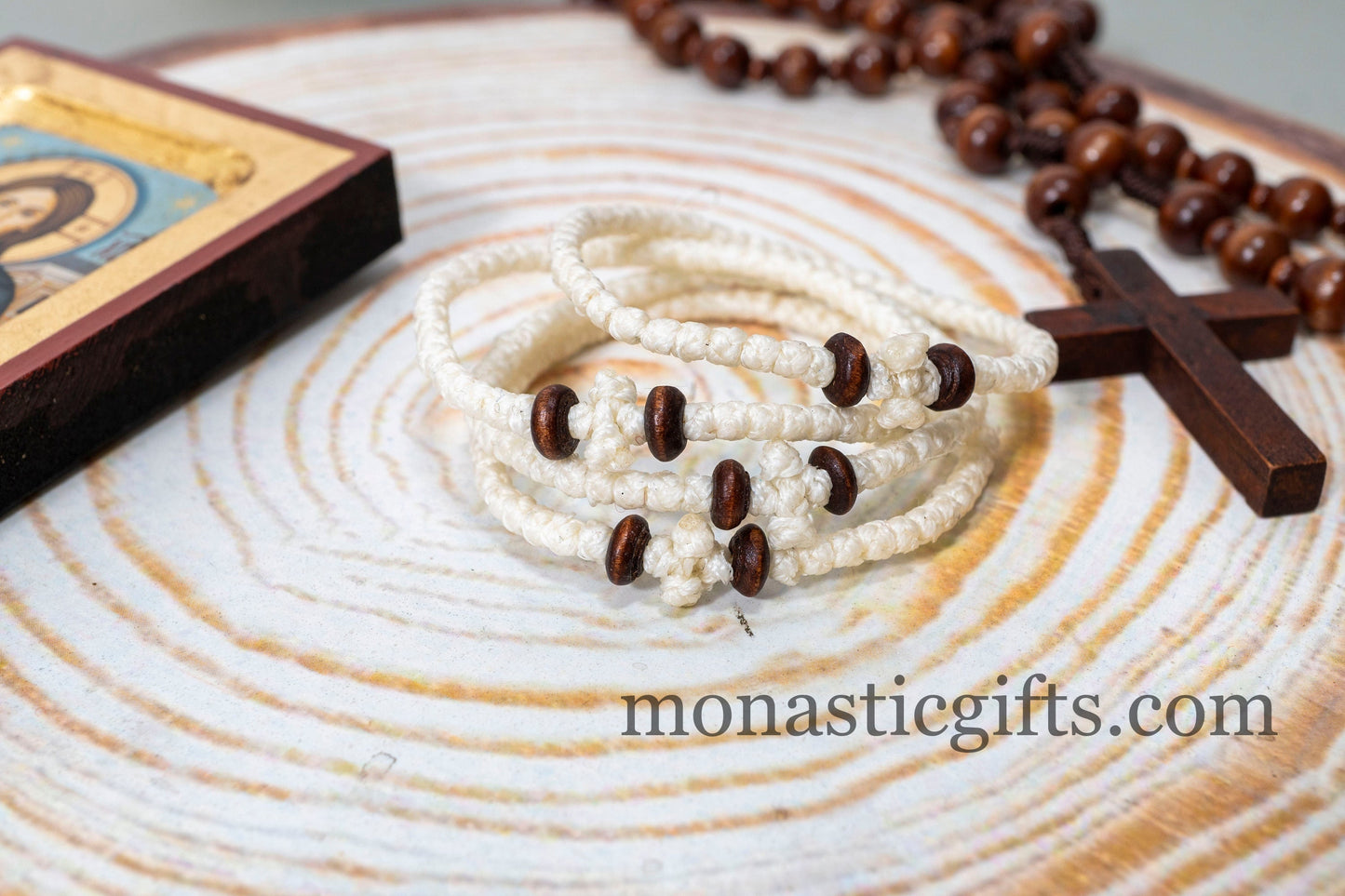 Authentic Komboskini White Color 1Pcs with wooden beads - Greek Prayer Bracelet, Spiritual Prayer Rope -Thread waxed thin with beads