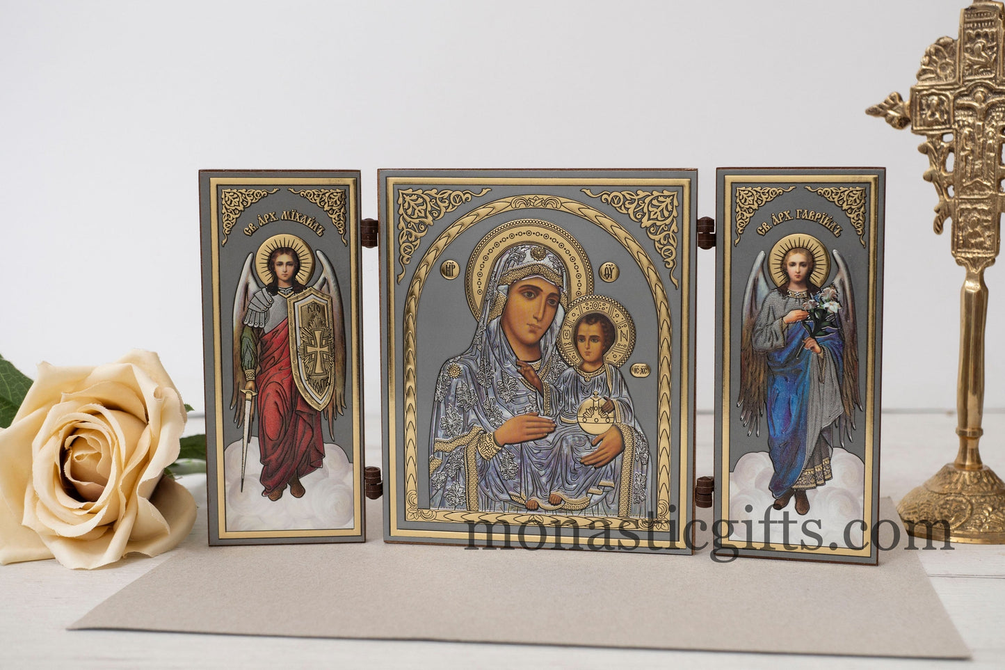Triptych Icon of Holy Theotokos on a throne and The Archangels on the doors , Greek Christisn Icon with amazing details.