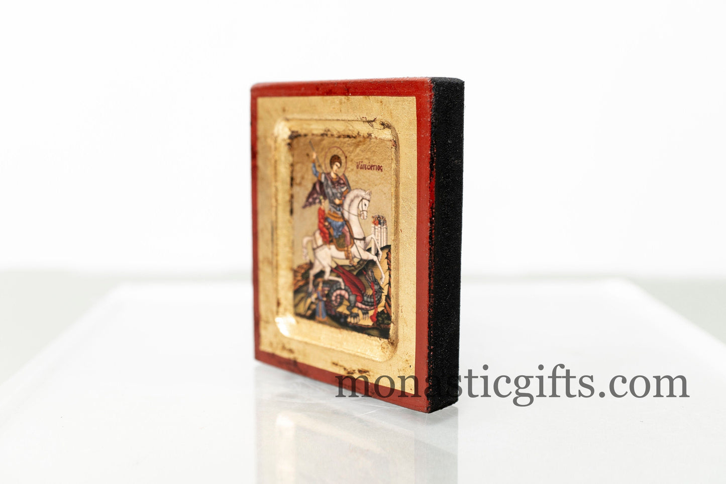 Wooden Icon with Saint George (Αγιος Γεωργιος)with Aging Technique, on Golden Leaf Authentic art in a gold leaf With superior details.