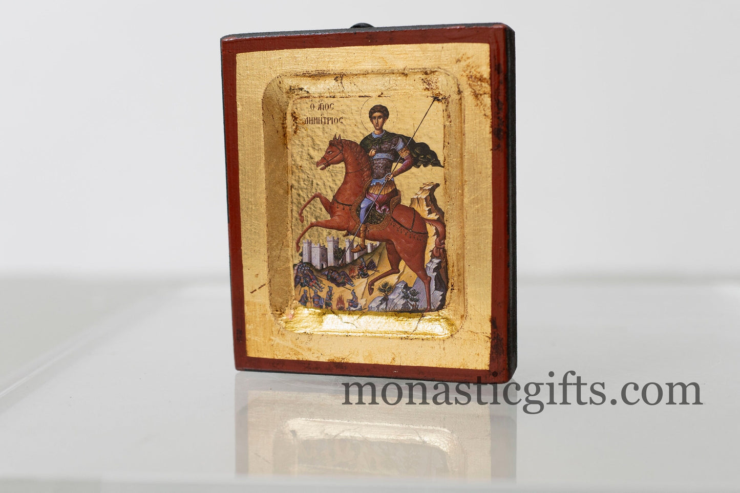 Wooden Icon with Saint Demitrius (Αγιος Δημητριος)with Aging Technique on Golden Leaf Authentic art in a gold leaf ,superior details.