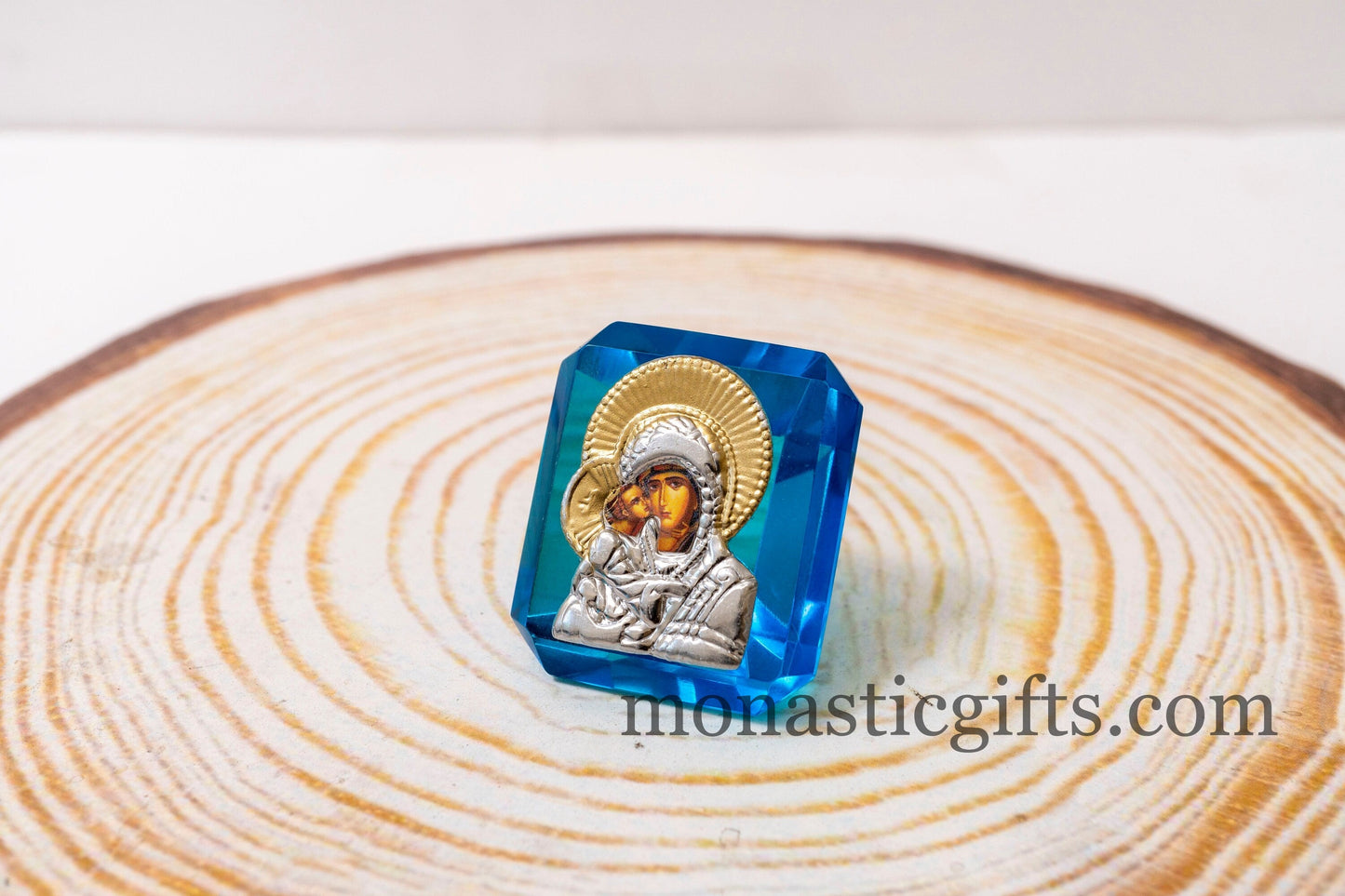 Virgin Mary Icon with Jesus on small stained glass in light blue Religious Gifts, Baptism Gift, Religious Art, Christian Gift