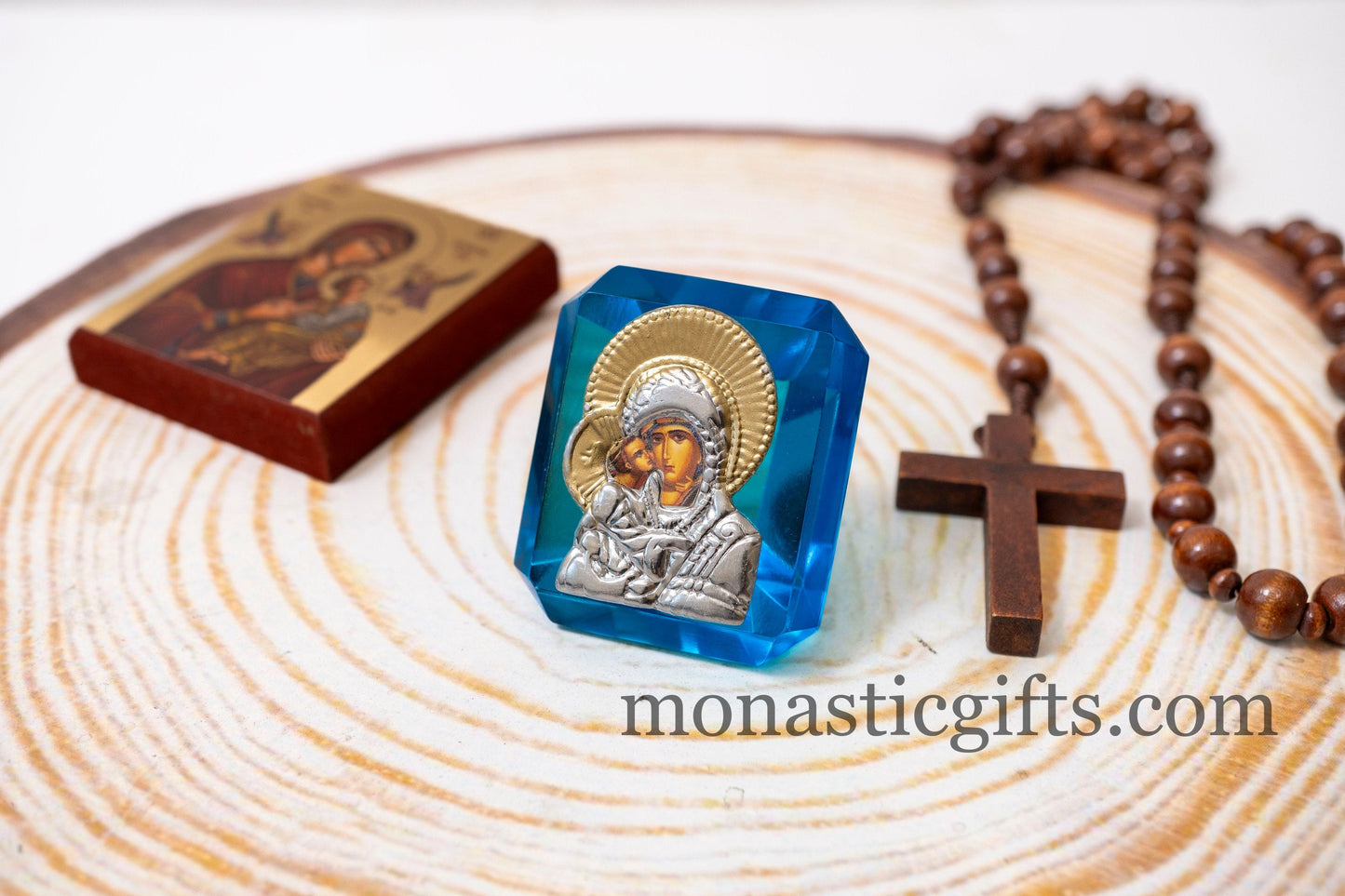 Virgin Mary Icon with Jesus on small stained glass in light blue Religious Gifts, Baptism Gift, Religious Art, Christian Gift