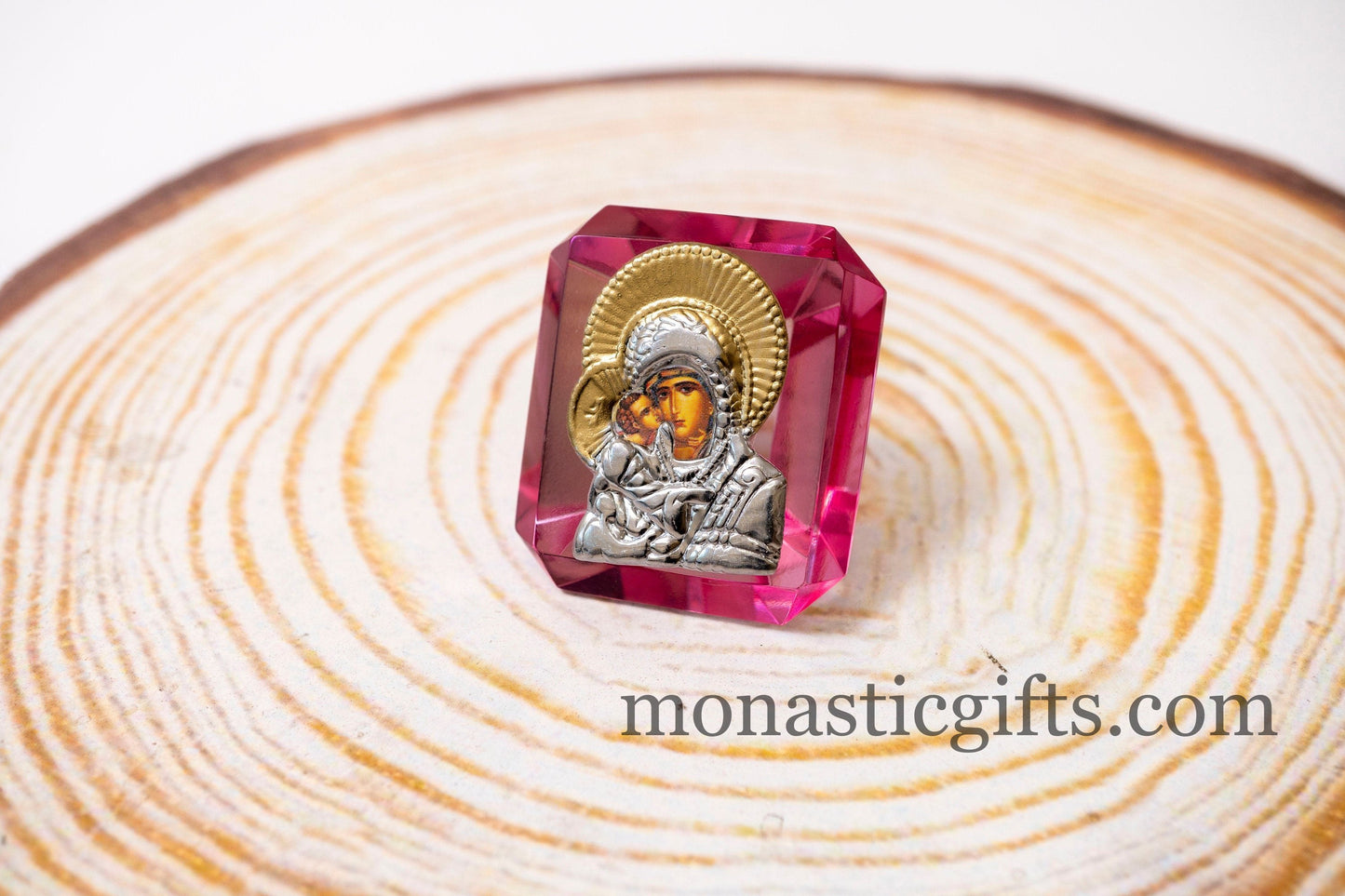Virgin Mary Icon with Jesus on small stained glass in Pink color Religious Gifts, Baptism Gift, Religious Art, Christian Gift
