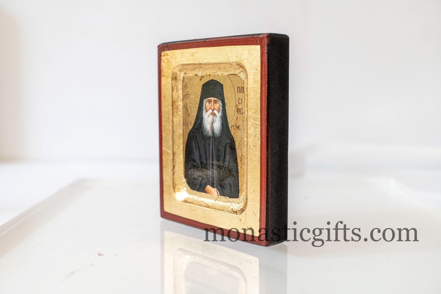 Small Wooden Icon with Saint Paisios with Aging Technique on Golden Leaf Authentic art in a gold leaf,superior details.