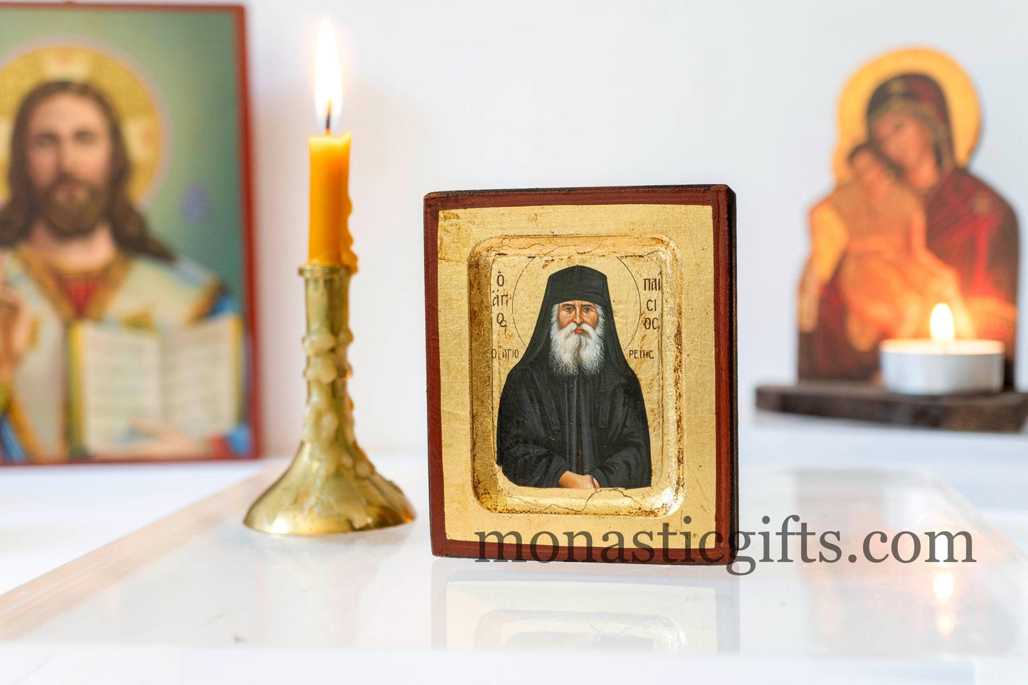 Small Wooden Icon with Saint Paisios with Aging Technique on Golden Leaf Authentic art in a gold leaf,superior details.