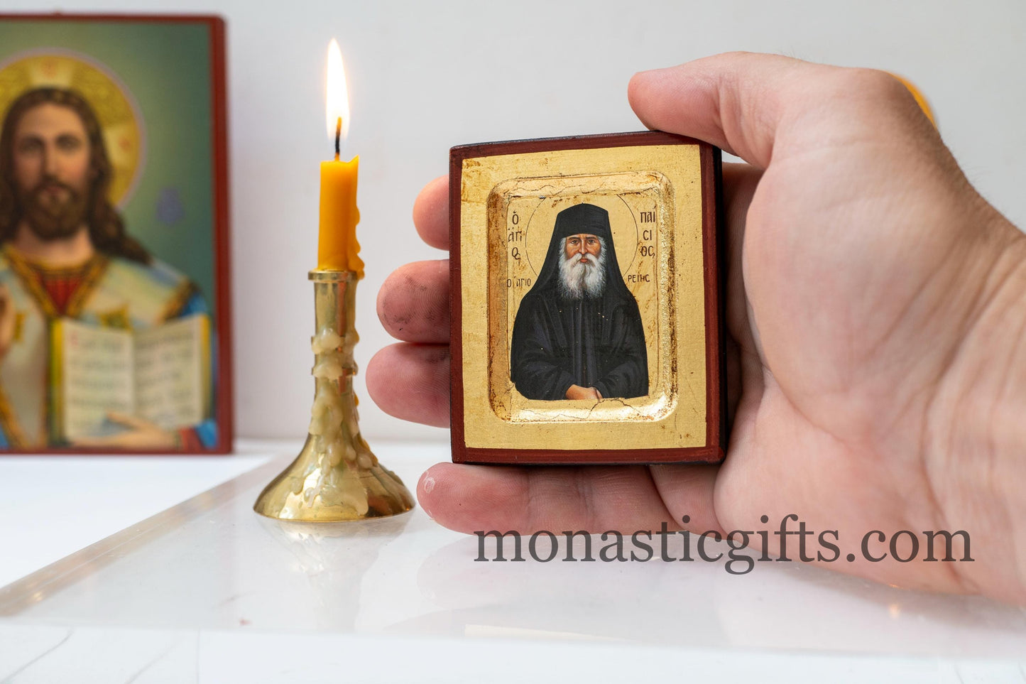Small Wooden Icon with Saint Paisios with Aging Technique on Golden Leaf Authentic art in a gold leaf,superior details.