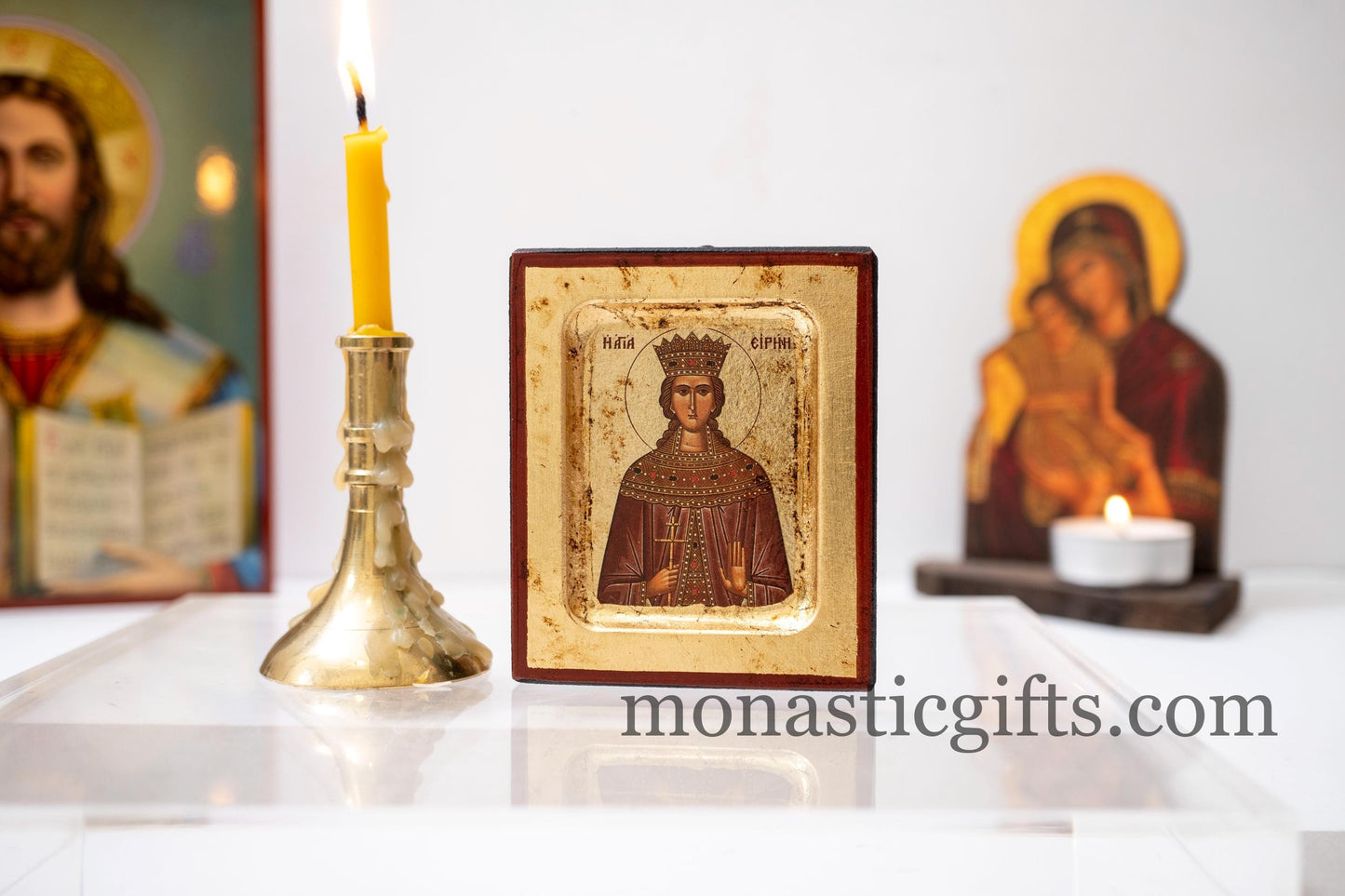 Small Wooden Icon with Saint Irene- Αγια Ειρηνη  with Aging Technique on Golden Leaf Authentic art in a gold leaf,superior details.