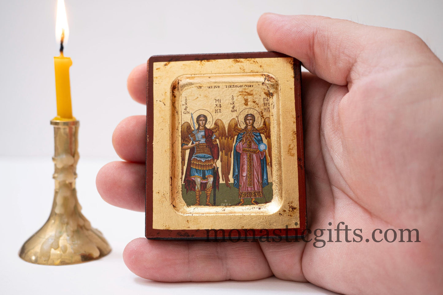 Small Wooden Icon with Saints Michael and Gabriel the Archangels with Aging Technique on Golden Leaf Authentic art in a gold leaf.