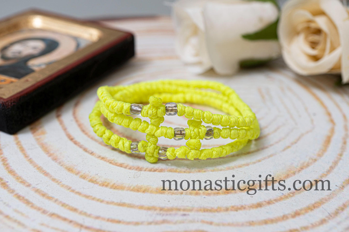 Authentic Komboskini in neon Yellow color 1Pcs - Greek Orthodox Prayer Bracelet, Spiritual Prayer Rope -Thread waxed thin with beads