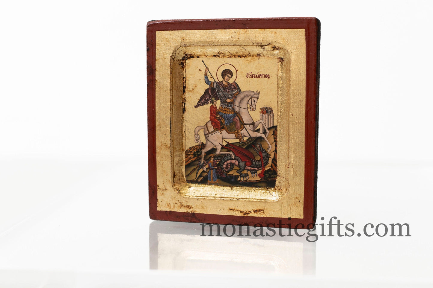 Wooden Icon with Saint George (Αγιος Γεωργιος)with Aging Technique, on Golden Leaf Authentic art in a gold leaf With superior details.