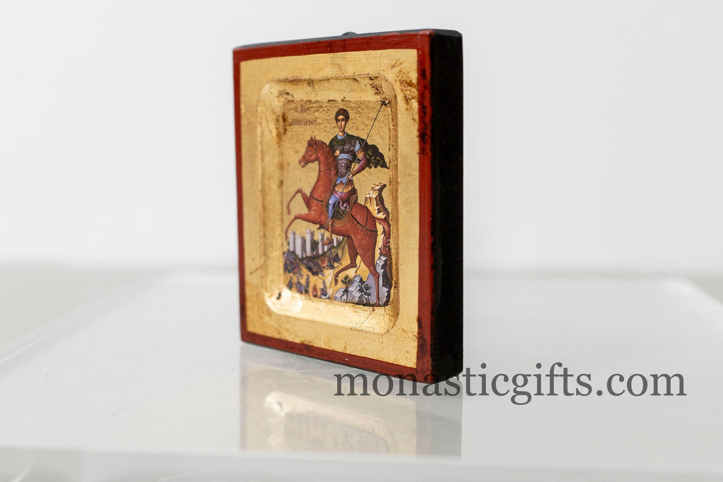 Wooden Icon with Saint Demitrius (Αγιος Δημητριος)with Aging Technique on Golden Leaf Authentic art in a gold leaf ,superior details.