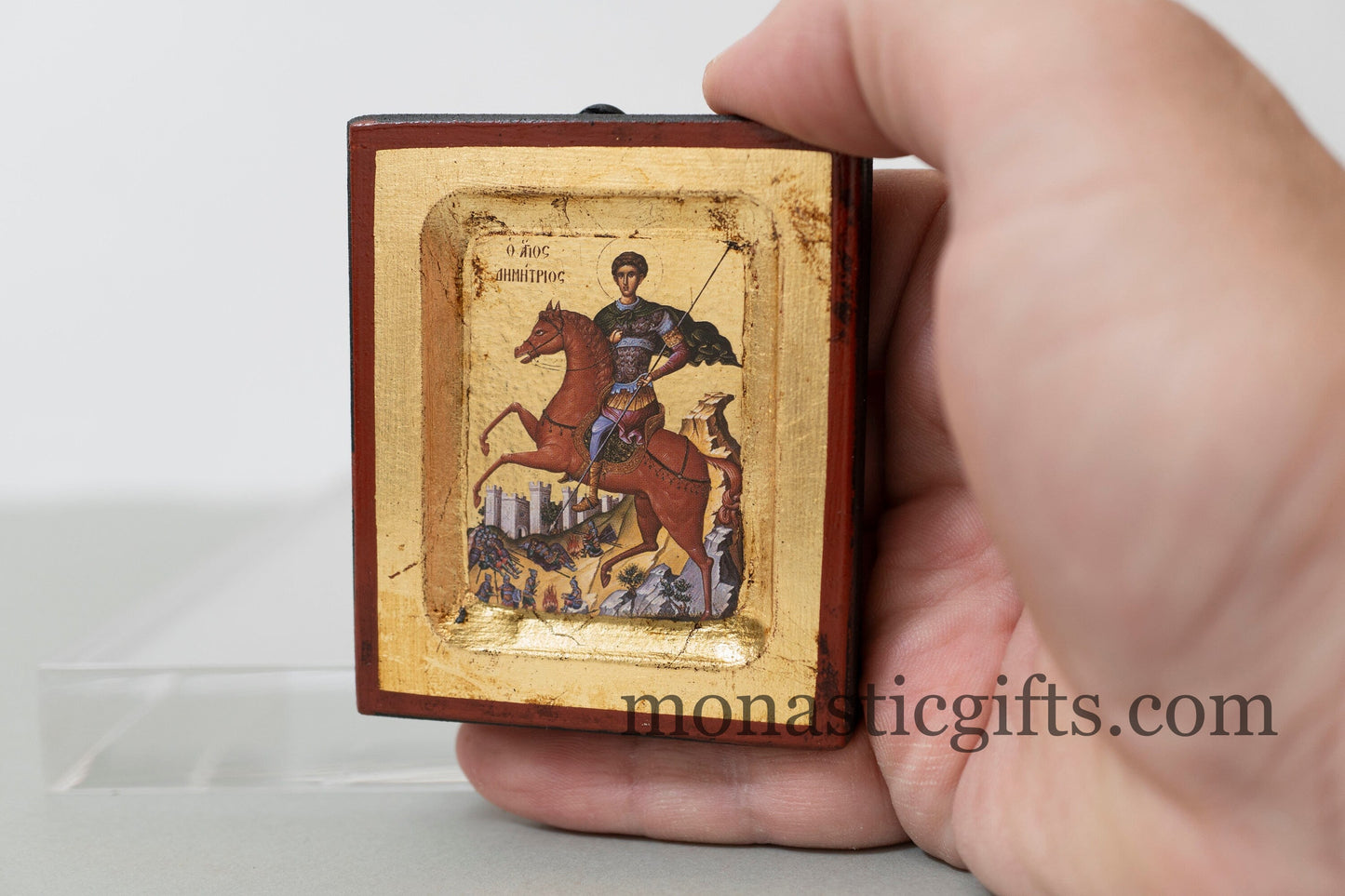 Wooden Icon with Saint Demitrius (Αγιος Δημητριος)with Aging Technique on Golden Leaf Authentic art in a gold leaf ,superior details.