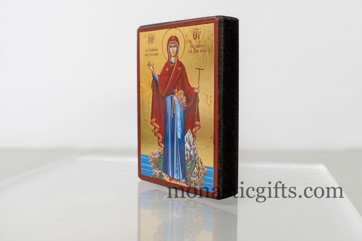 Christian Wooden Icon Virgin Mary of Mount Athos with Aging Technique in Golden Leaf . Byzantine art With amazing details.