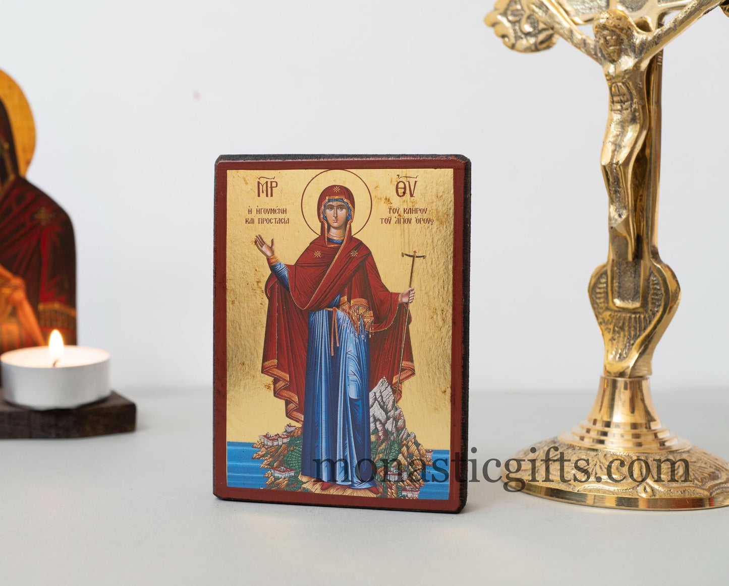 Christian Wooden Icon Virgin Mary of Mount Athos with Aging Technique in Golden Leaf . Byzantine art With amazing details.