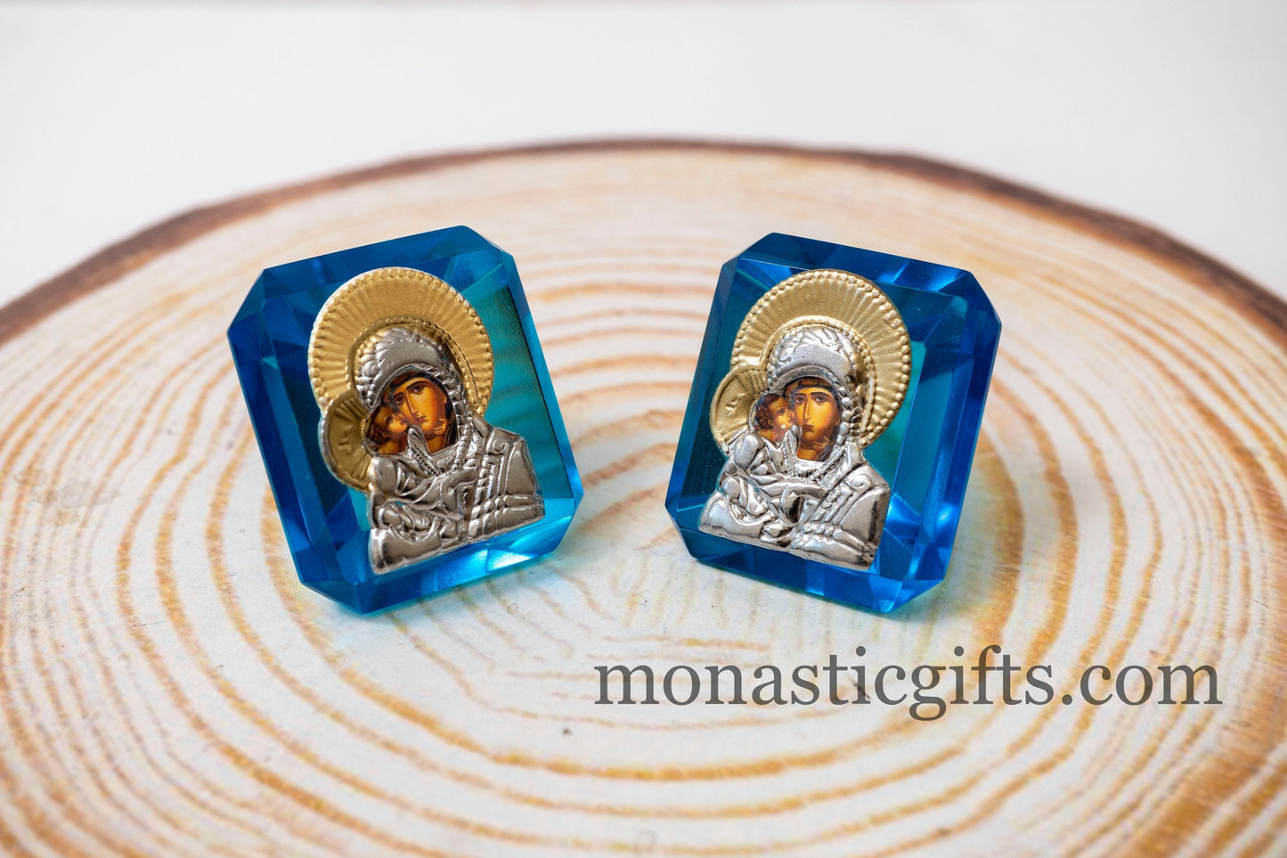 Virgin Mary Icon with Jesus on small stained glass in light blue Religious Gifts, Baptism Gift, Religious Art, Christian Gift