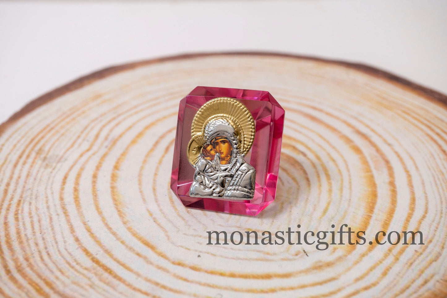 Virgin Mary Icon with Jesus on small stained glass in Pink color Religious Gifts, Baptism Gift, Religious Art, Christian Gift