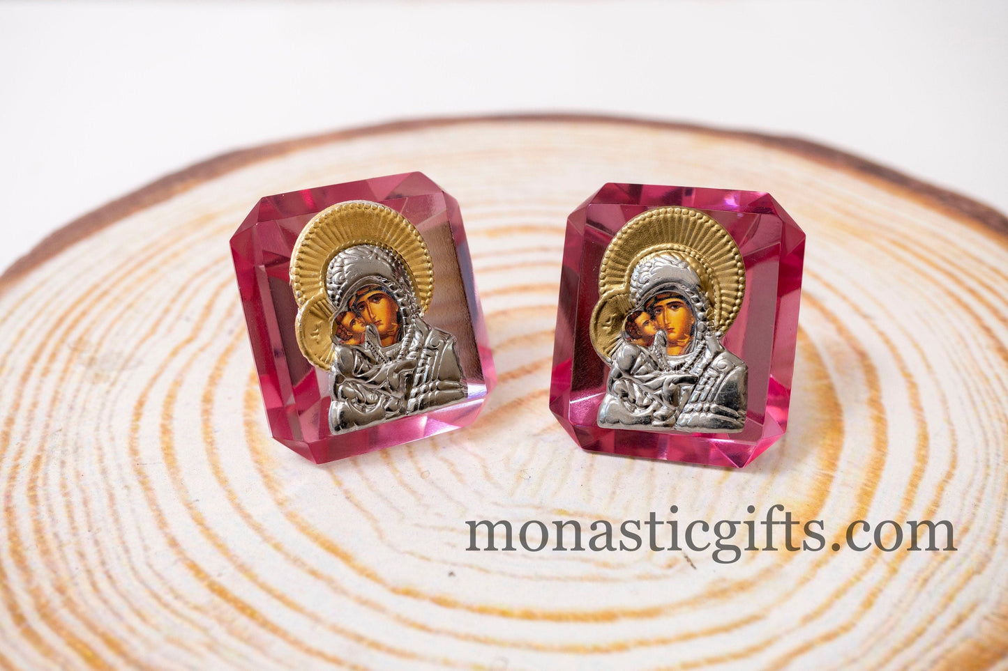Virgin Mary Icon with Jesus on small stained glass in Pink color Religious Gifts, Baptism Gift, Religious Art, Christian Gift
