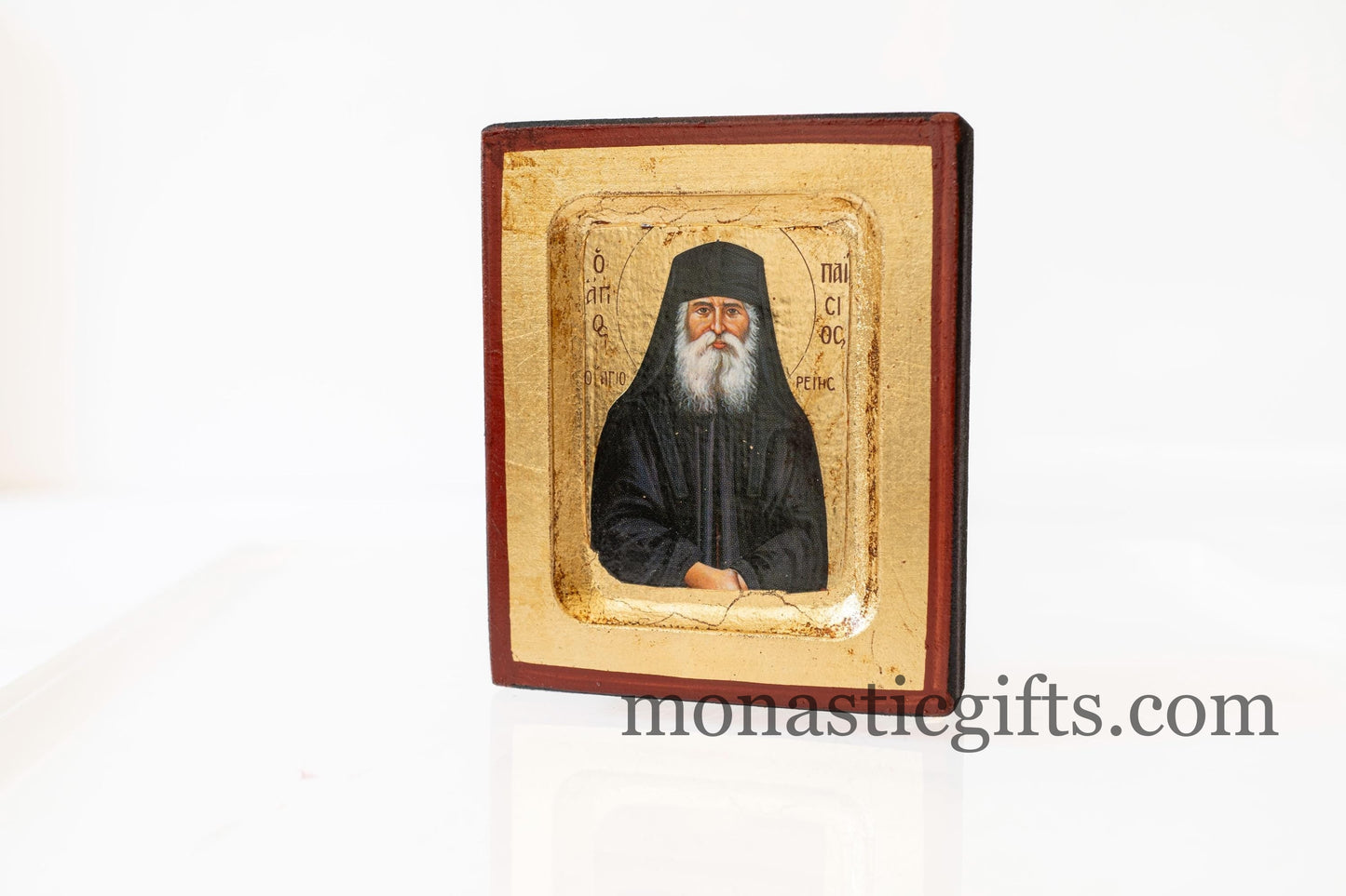 Small Wooden Icon with Saint Paisios with Aging Technique on Golden Leaf Authentic art in a gold leaf,superior details.