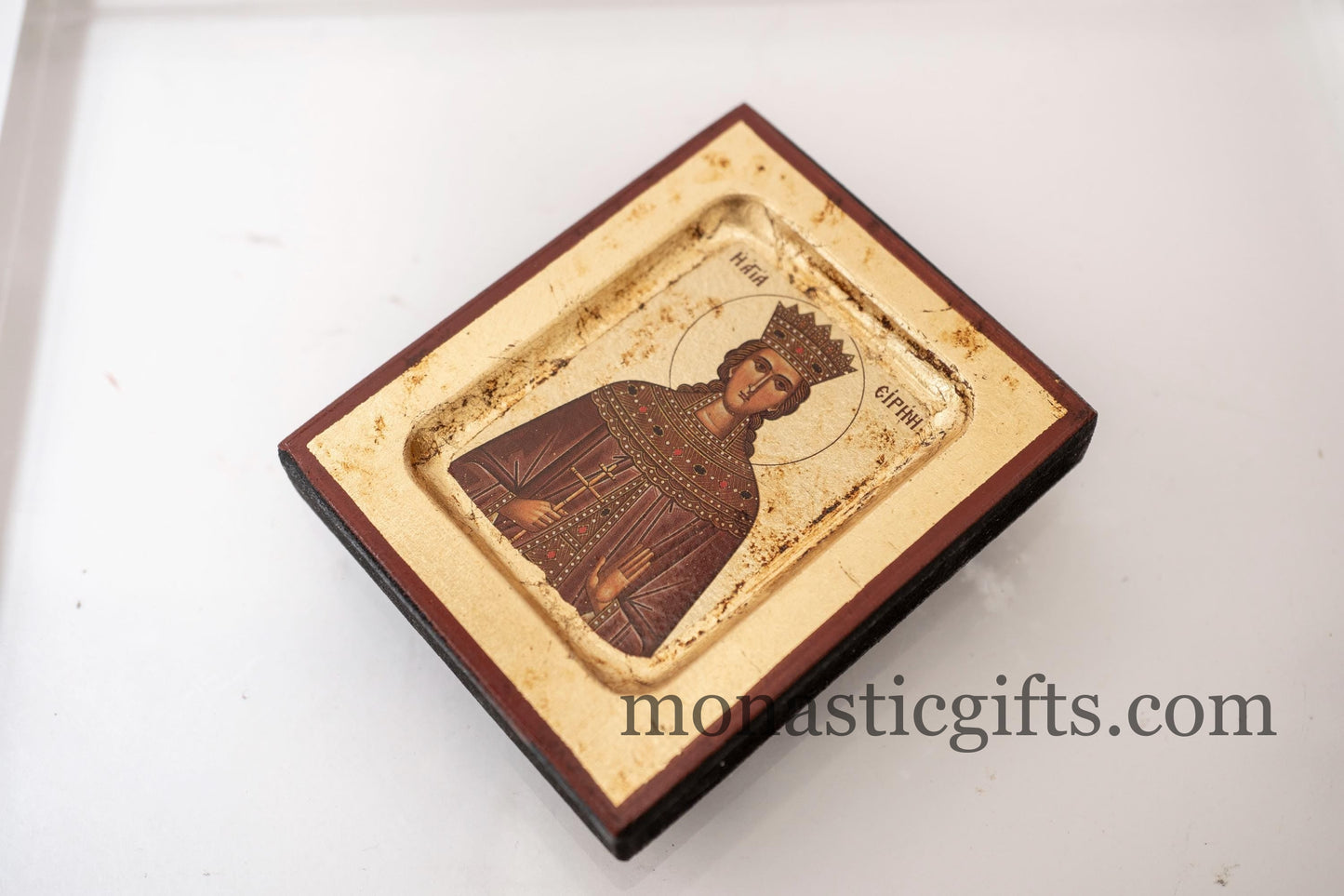 Small Wooden Icon with Saint Irene- Αγια Ειρηνη  with Aging Technique on Golden Leaf Authentic art in a gold leaf,superior details.