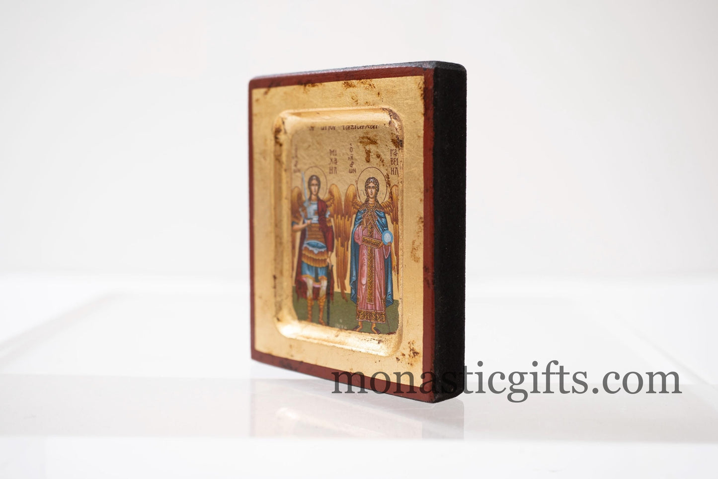 Small Wooden Icon with Saints Michael and Gabriel the Archangels with Aging Technique on Golden Leaf Authentic art in a gold leaf.