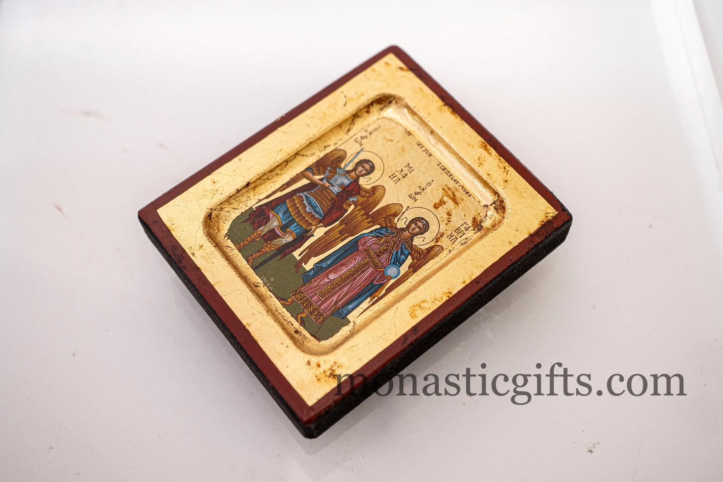 Small Wooden Icon with Saints Michael and Gabriel the Archangels with Aging Technique on Golden Leaf Authentic art in a gold leaf.