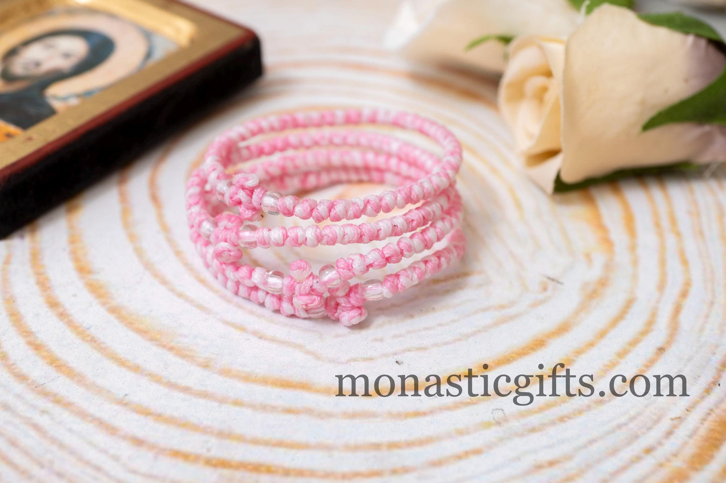 Authentic Komboskini in Pink and white Color 1Pcs - Greek Orthodox Prayer Bracelet, Spiritual Prayer Rope -Thread waxed thin with beads