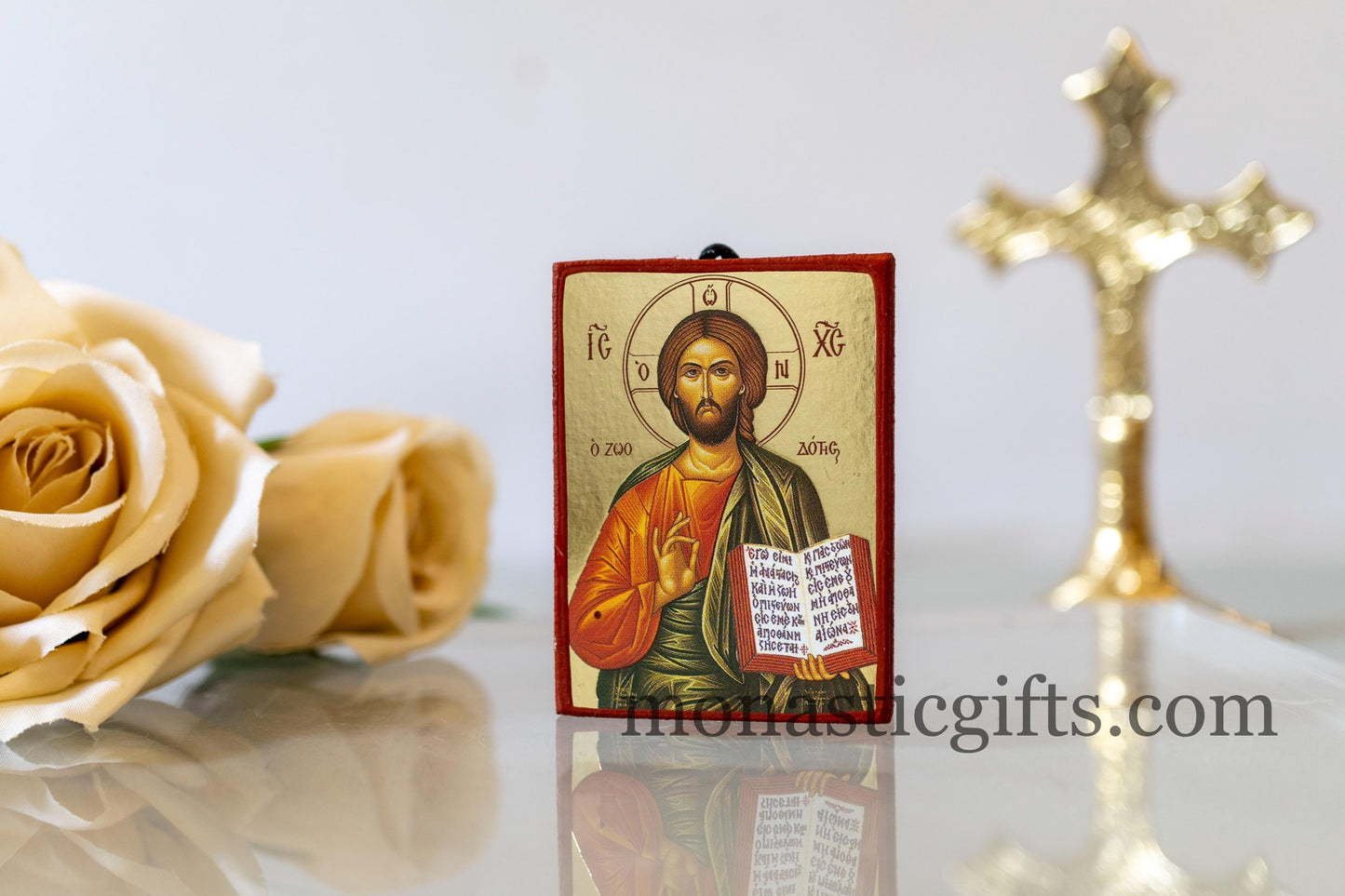 Small Wooden Byzantine icon with Jesus Christ (o Ζωοδοτης - The Life Giver) In Golden leaf,wall hanging amazing idea for Gift Handmade