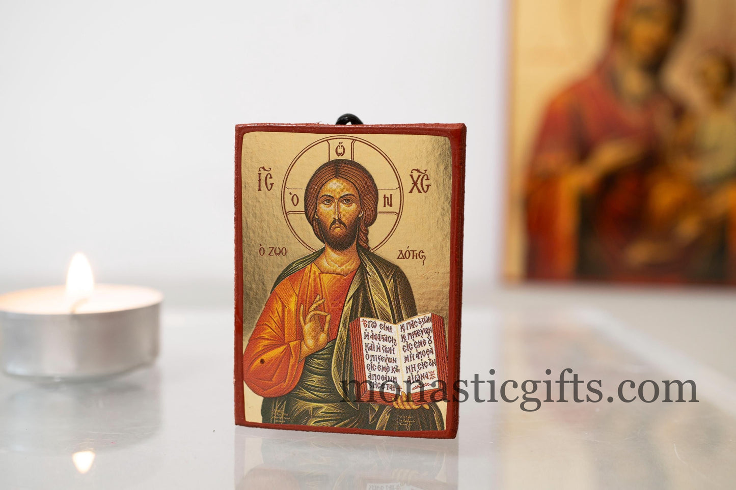 Small Wooden Byzantine icon with Jesus Christ (o Ζωοδοτης - The Life Giver) In Golden leaf,wall hanging amazing idea for Gift Handmade