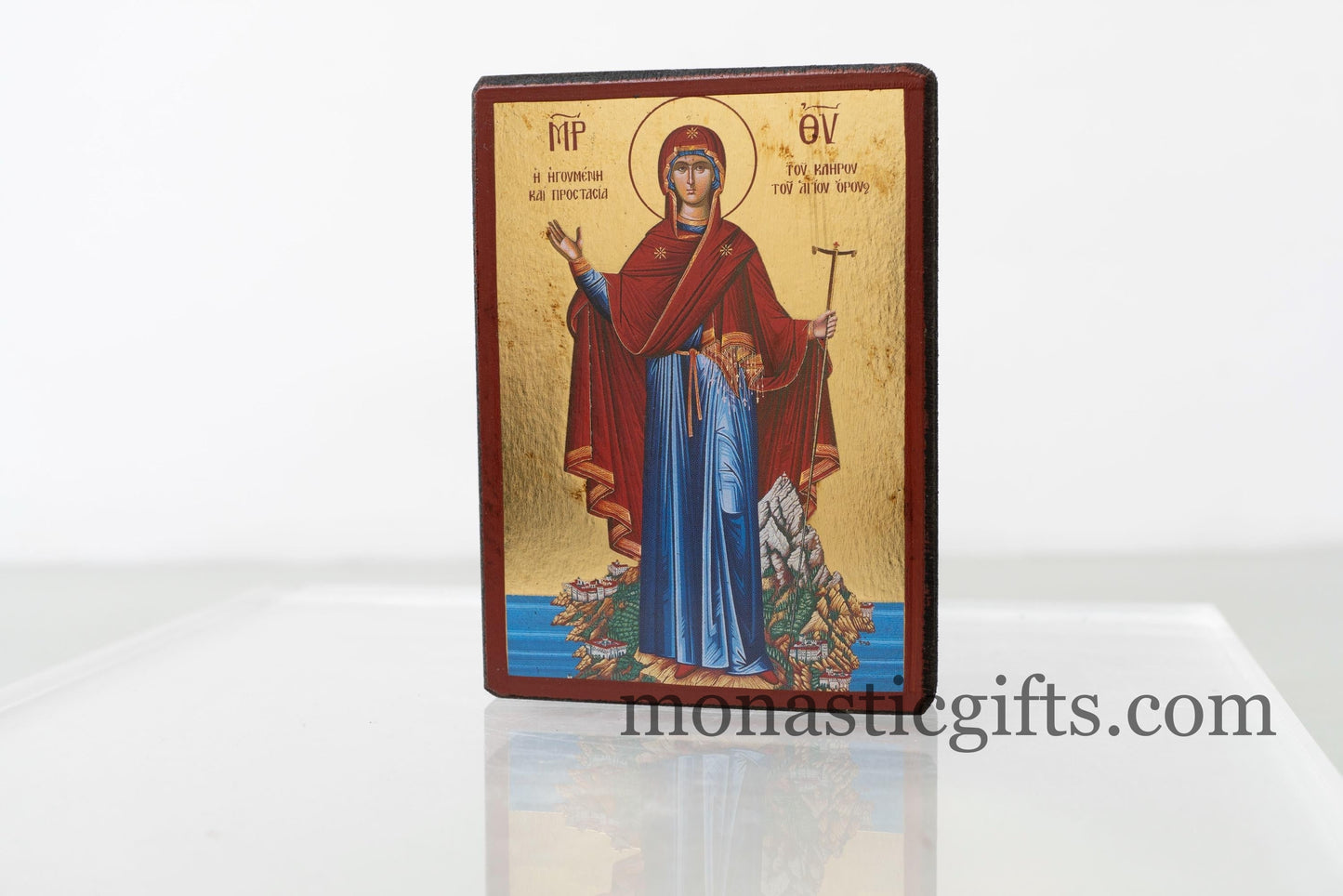 Christian Wooden Icon Virgin Mary of Mount Athos with Aging Technique in Golden Leaf . Byzantine art With amazing details.
