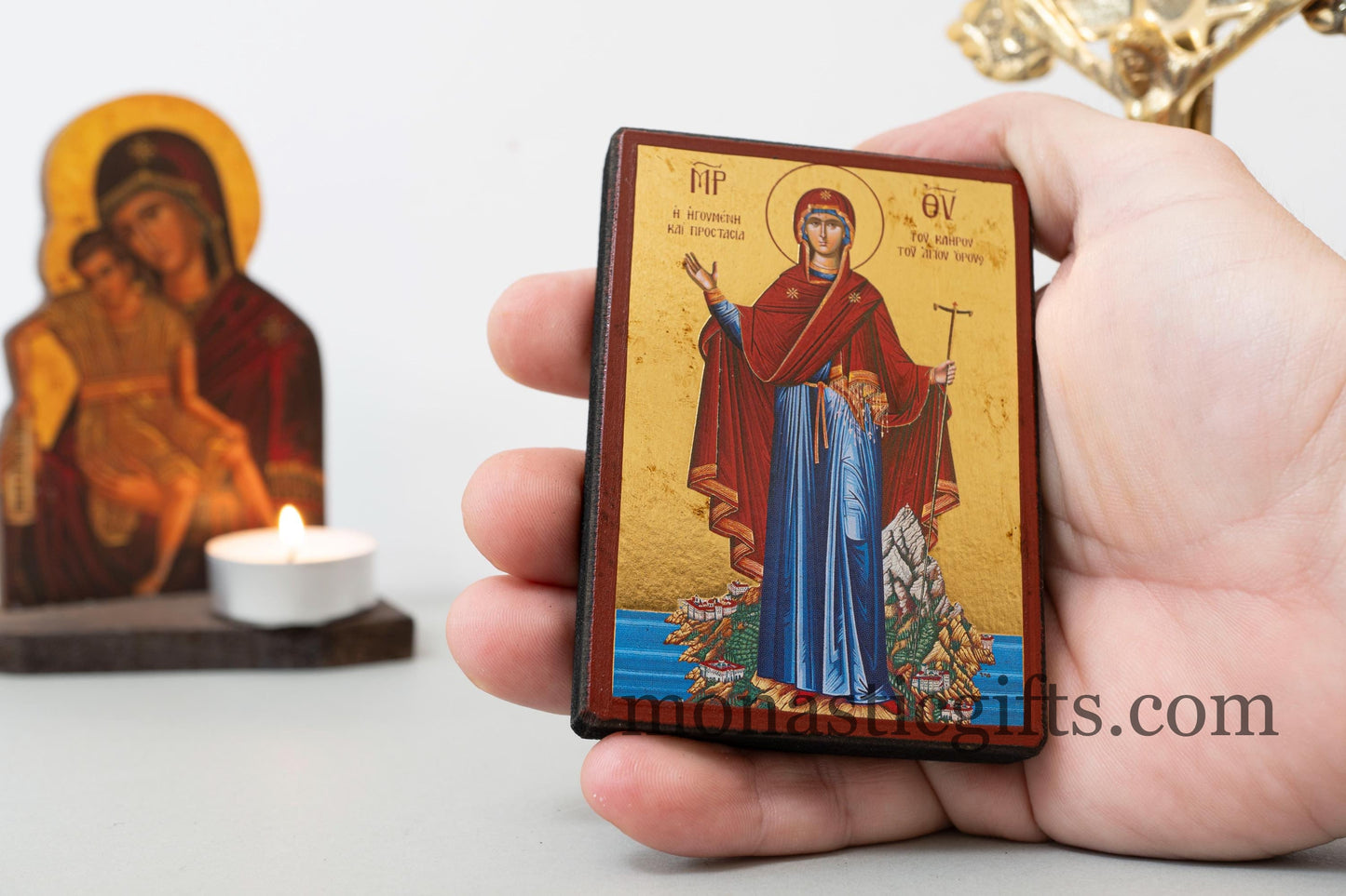 Christian Wooden Icon Virgin Mary of Mount Athos with Aging Technique in Golden Leaf . Byzantine art With amazing details.