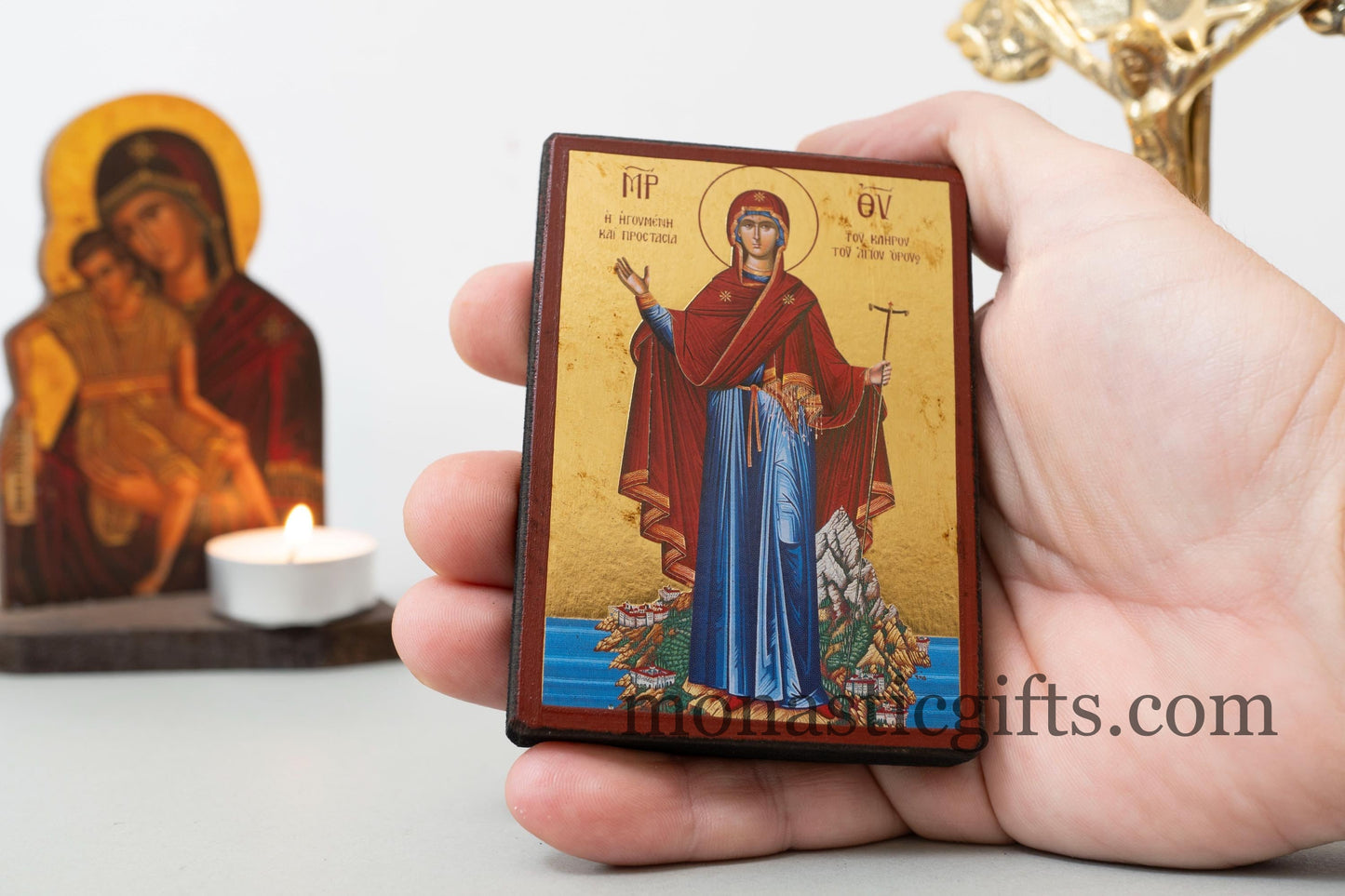 Christian Wooden Icon Virgin Mary of Mount Athos with Aging Technique in Golden Leaf . Byzantine art With amazing details.