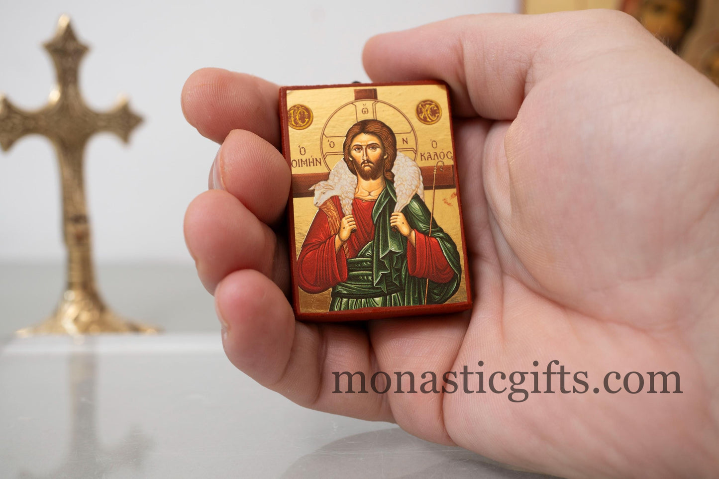 Small Wooden Byzantine icon with Jesus Christ (the Good Shepherd) In Golden leaf,wall hanging amazing idea for Gift Handmade