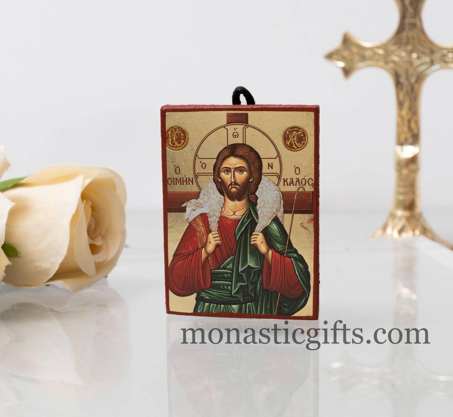Small Wooden Byzantine icon with Jesus Christ (the Good Shepherd) In Golden leaf,wall hanging amazing idea for Gift Handmade
