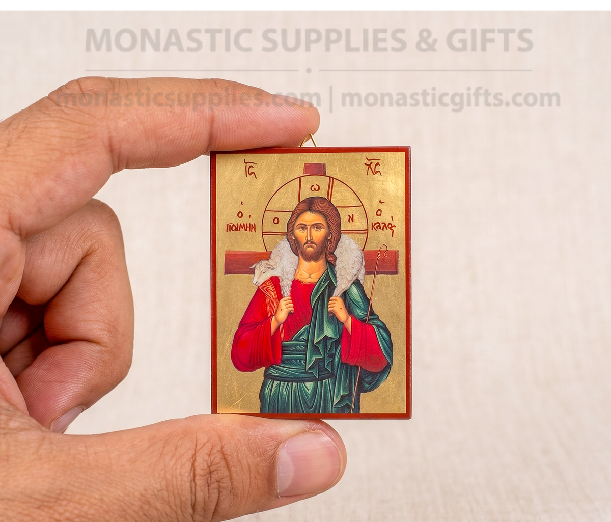 Jesus Christ the Good Shepherd miniature handcrafted Byzantine wooden icon with gold finish 4.2x5 cm made in Greece