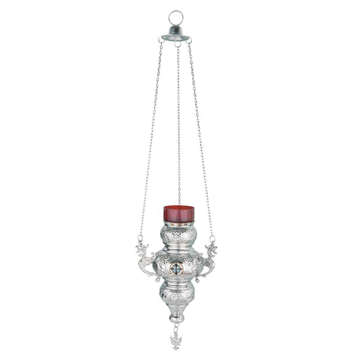 Hanging brass vigil lamp kandili Corfu style nickel plated silver tone with enamel cross eagle pendant and red heat resistant glass cup