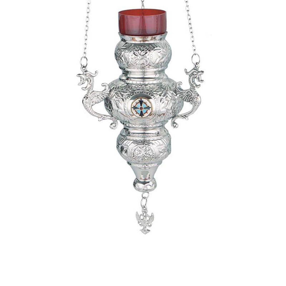 Hanging brass vigil lamp kandili Corfu style nickel plated silver tone with enamel cross eagle pendant and red heat resistant glass cup