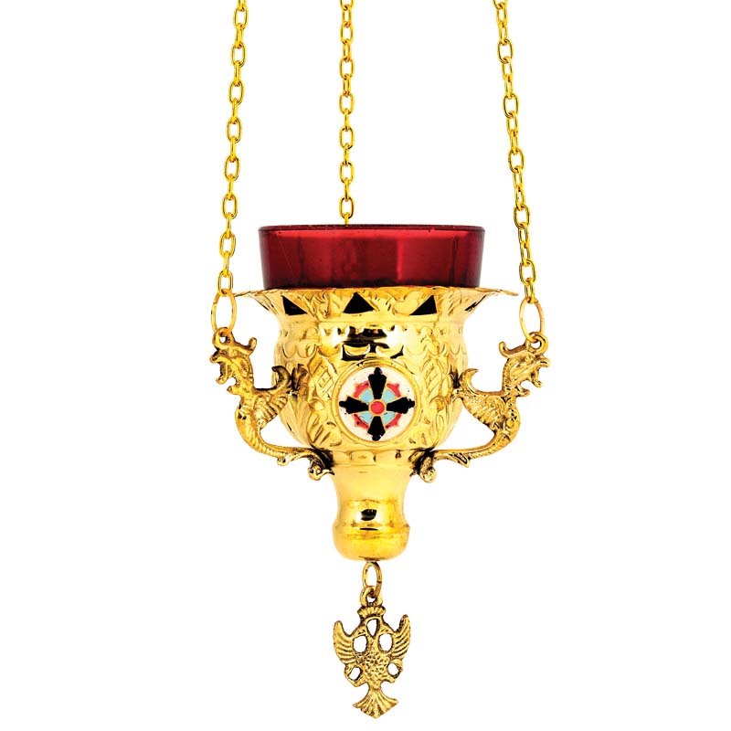 Hanging brass vigil lamp kandili gold plated with enamel cross pendant eagle and red heat resistant glass cup