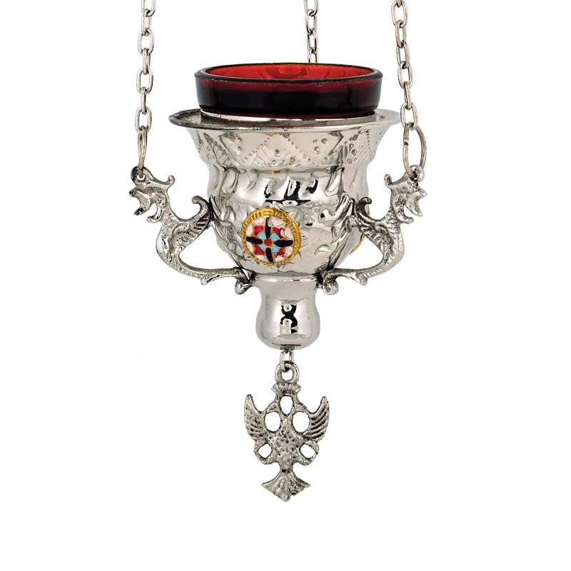 Hanging brass vigil lamp kandili nickel plated silver tone with enamel cross pendant eagle and red heat resistant glass cup
