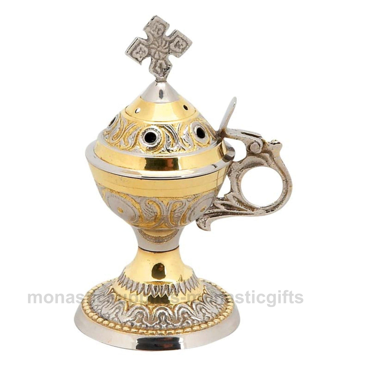 Standing solid brass incense burner censer two tone gold and nickel plated with Orthodox cross 14cm 5.5 inch